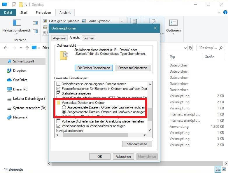 Versteckte Dateien in den Ordneroptionen von Windows 10 sichtbar machen