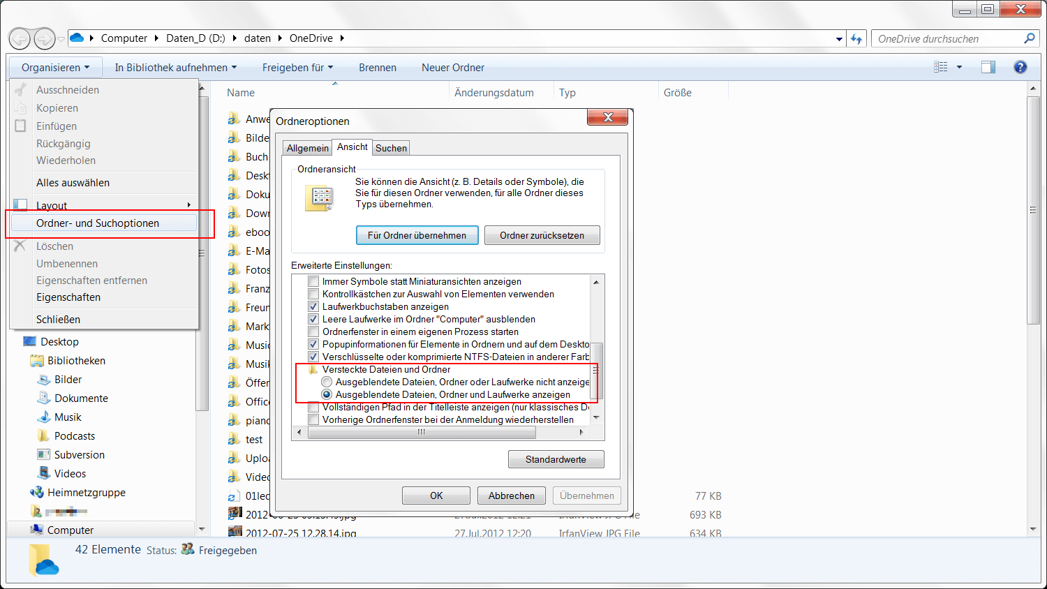 Versteckte Dateien in den Ordneroptionen von Windows 7 sichtbar machen