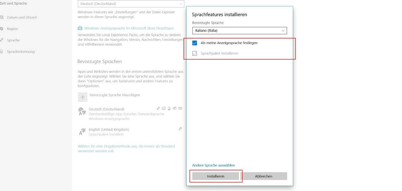 Sprachfeatures installieren in Windows 10