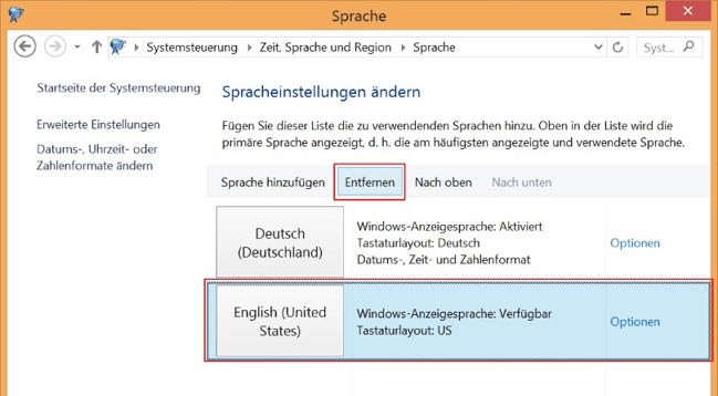 Windows 8: Entfernen einer Sprache aus der Sprachliste