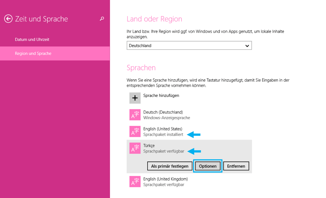 Sprachpakete hinzufügen in Windows 8