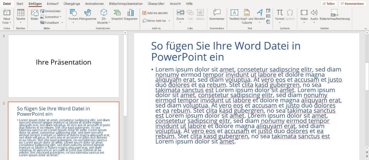 Word-Datei in PowerPoint einfügen: Formatierter Text