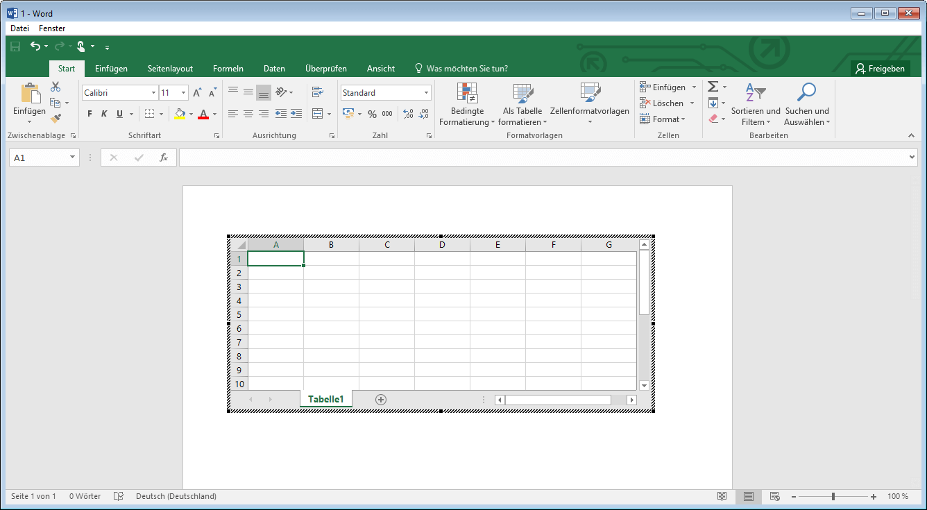 Screenshot, wie man eine Excel-Tabelle in Word erstellt