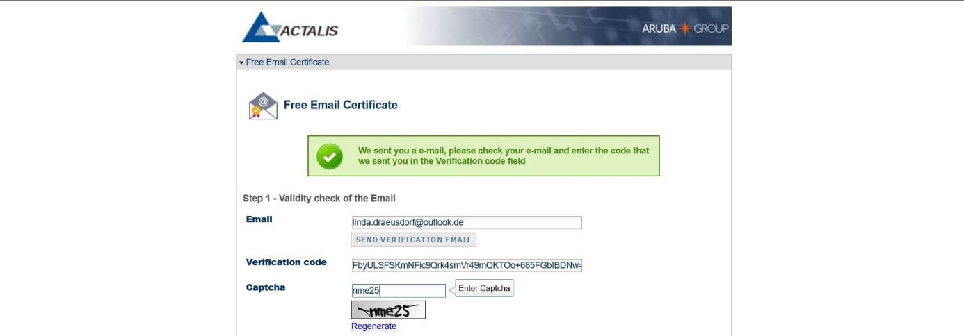 Actalis-Formular „Free Email Certificate“ – Step 1