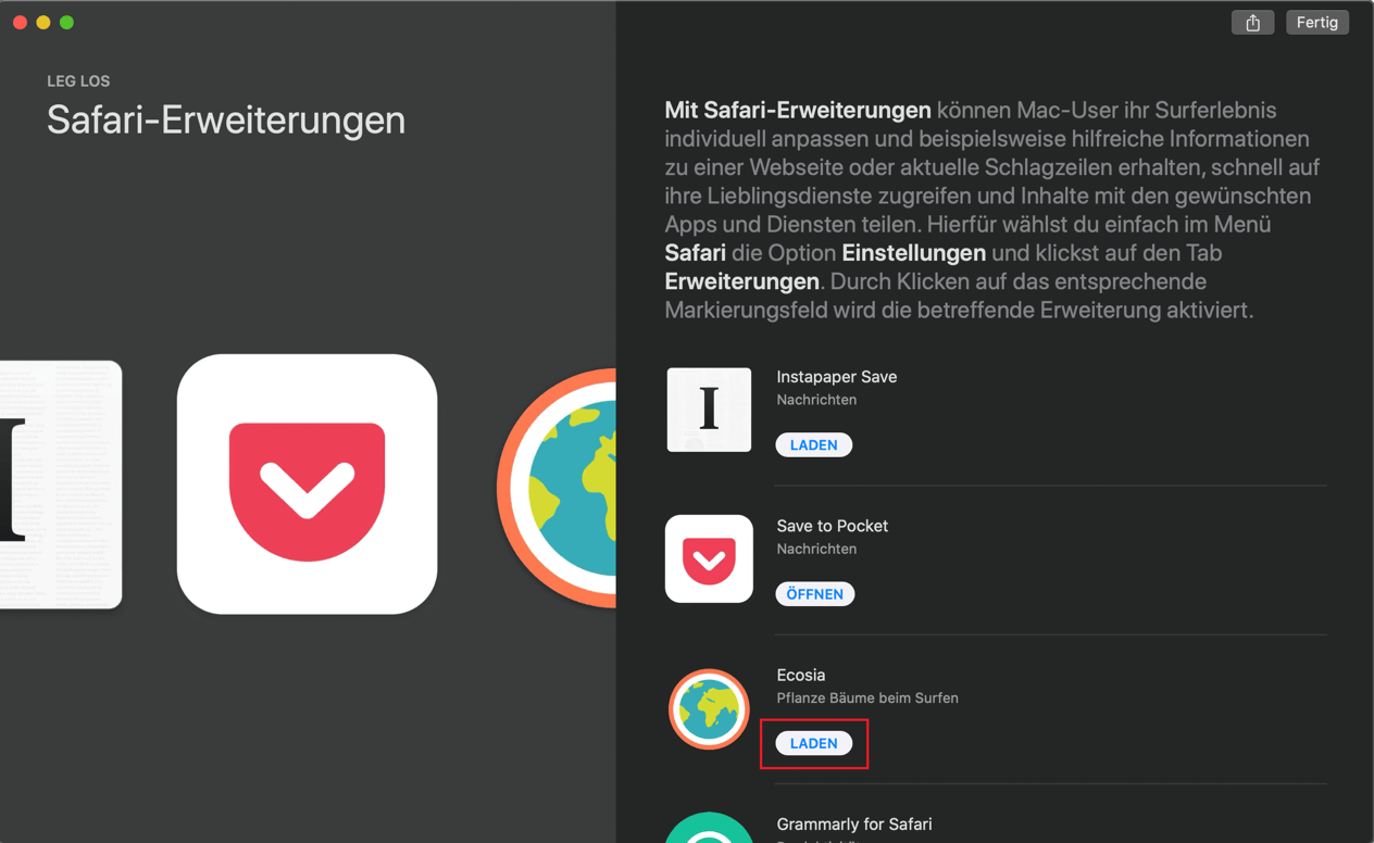 Der App Store listet alle verfügbaren Add-ons für Safari auf