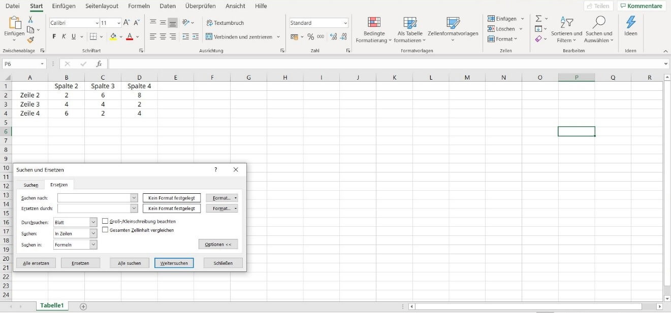 Ansicht der erweiterten Optionen der Funktion „Ersetzen“ in Excel