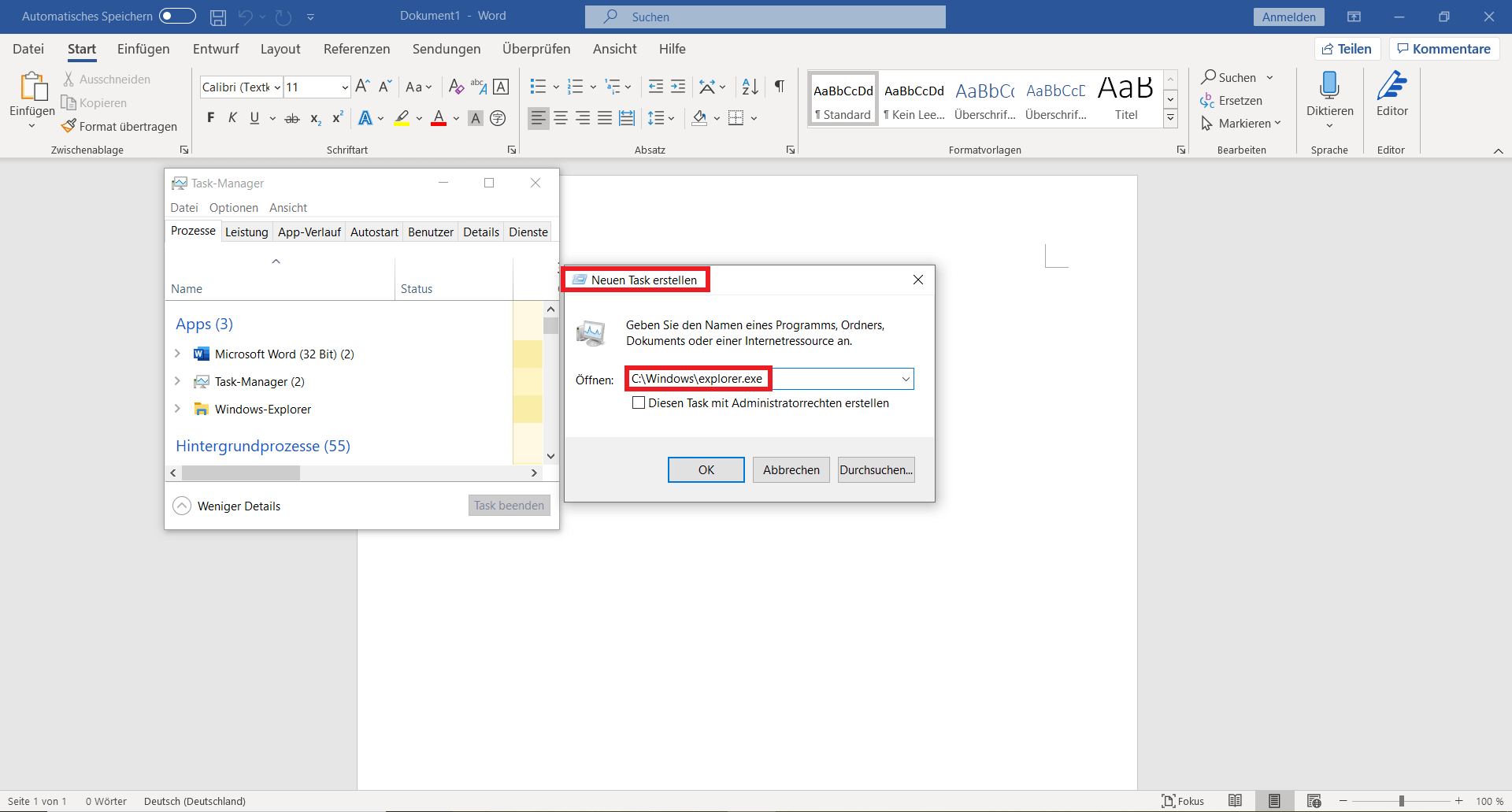 Fenster, in dem man einen neuen Task mit C:\Windows\explorer.exe erstellen kann