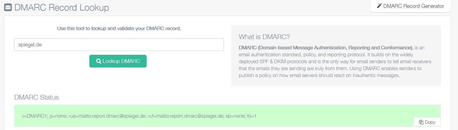 Screenshot des DMARC Record Lookup Tools von easydmarc.com
