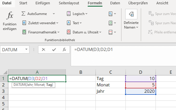 Excel-Funktion DATUM mit Zellbezügen