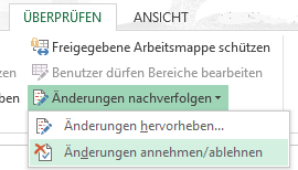 Excel-Menü „Änderungen annehmen/ablehnen“