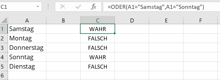 Excel-ODER-Funktion mit mehreren Bedingungen in Textform
