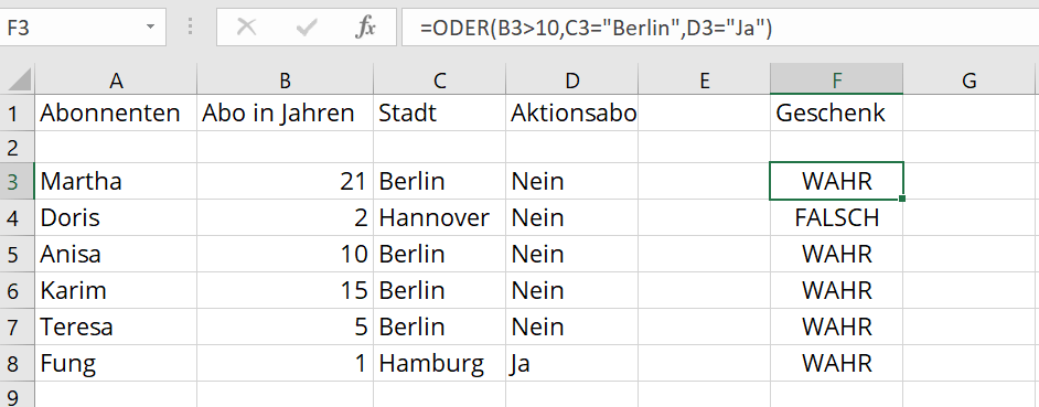 Excel-ODER-Funktion mit selbstdefinierten Kategorien