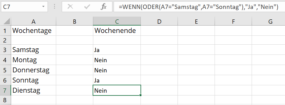 Excel-ODER-Funktion mit selbstdefinierten Kategorien