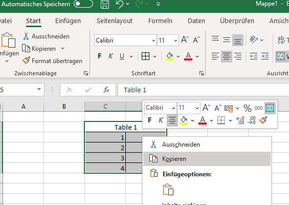 Eine Excel-Tabelle wird markiert und kopiert 