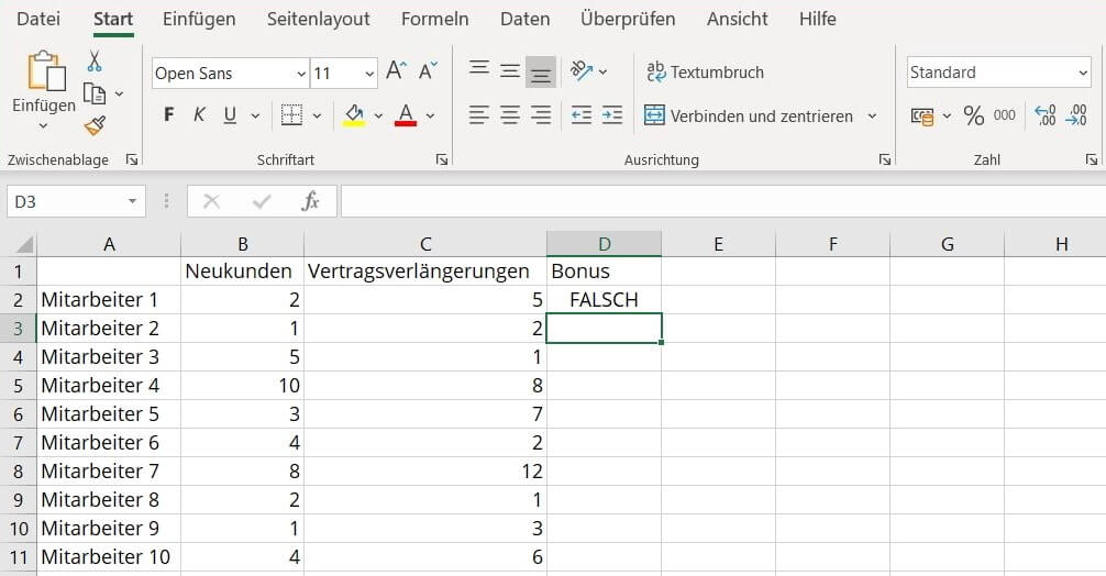 Excel UND: Beispiel-Ergebnis der Funktion