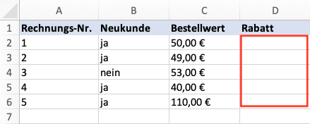 Excel-WENN-UND-Funktion: Tabelle zur Bestimmung des Rabatts