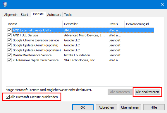 Fenster zum Dienste-Deaktivieren in Windows