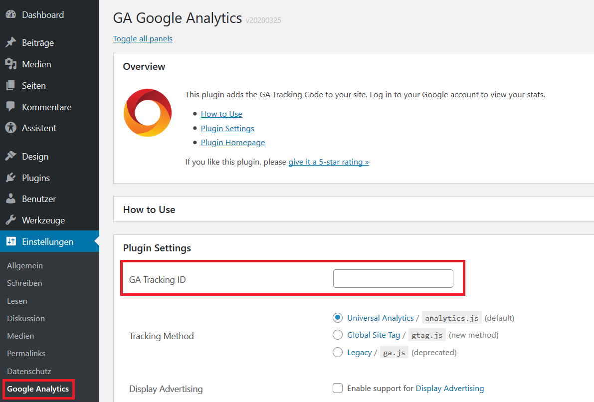 Einstellungen des Plugins „GA Google Analytics“