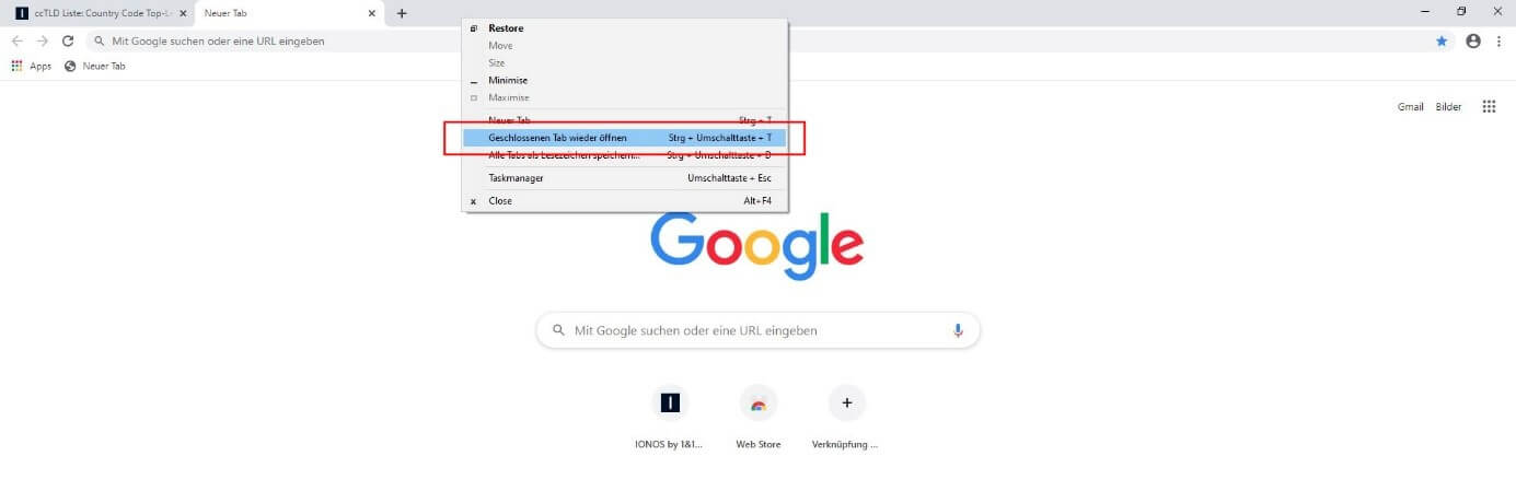 Google Chrome: Menüpunkt „Geschlossenen Tab wieder öffnen“