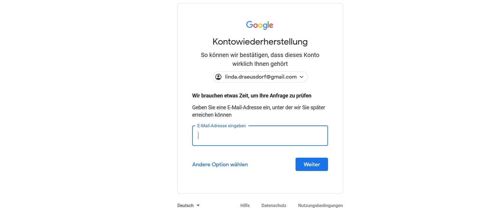 Google-Menü für die Eingabe einer aktuellen Mailadresse