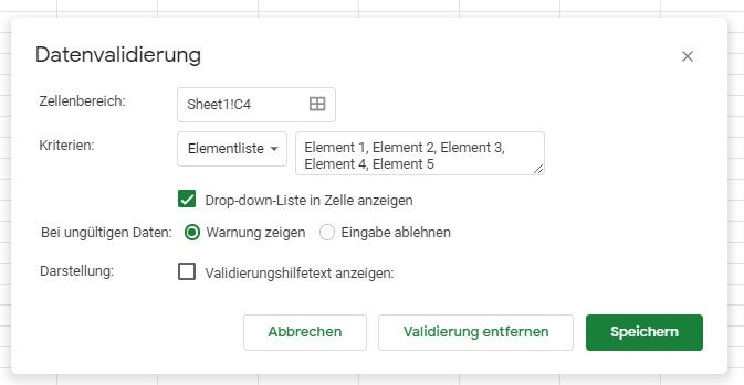 Google Sheets: Elementliste