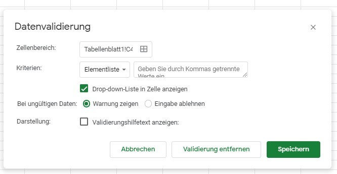 Google Sheets: Dropdown-Menü löschen