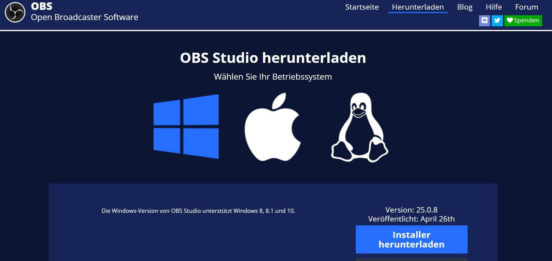 Screenshot der Homepage von OBS Studio