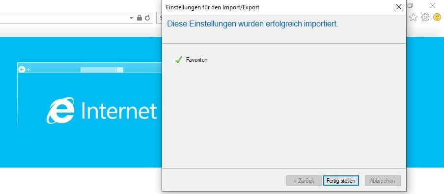 Internet-Explorer-Favoriten-Import: Erfolgsmeldung
