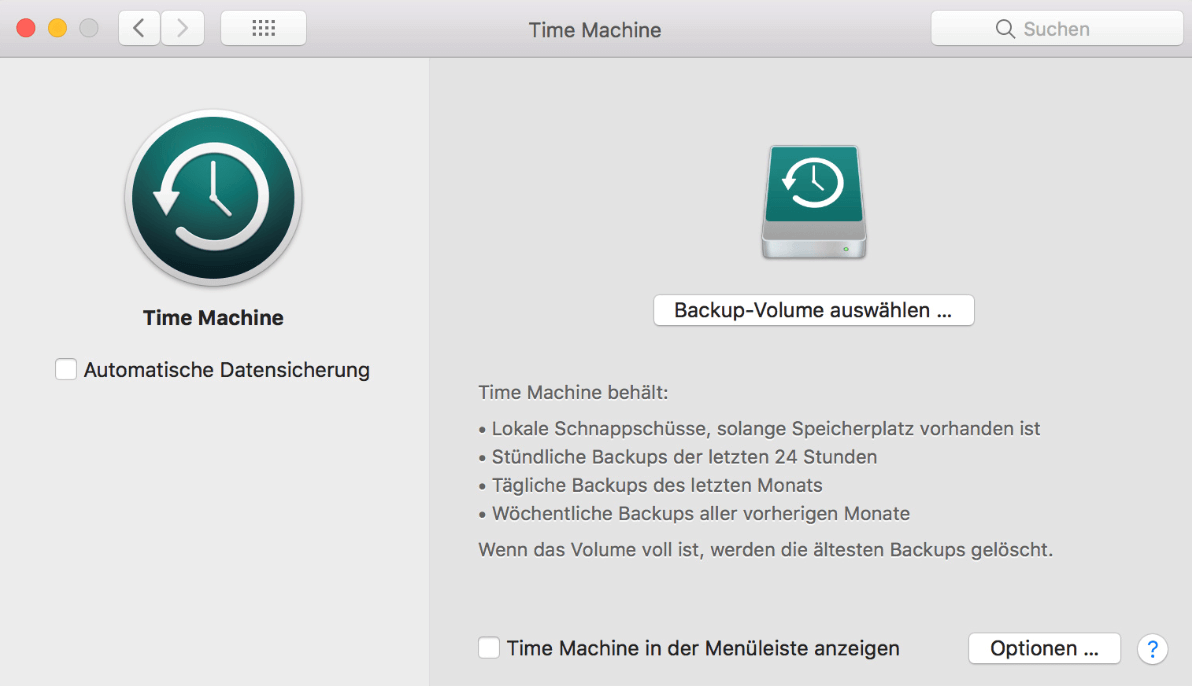 Time Machine: „Backup-Volume auswählen“-Button