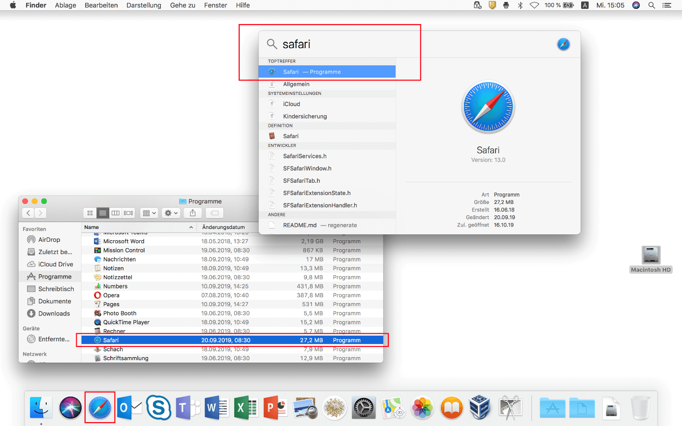 macOS: Safari-Icon in Menüband, Spotlight-Suche und Finder
