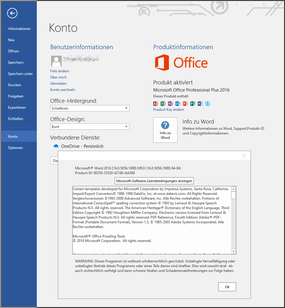 Microsoft Word 2016: Seite „Konto“ 