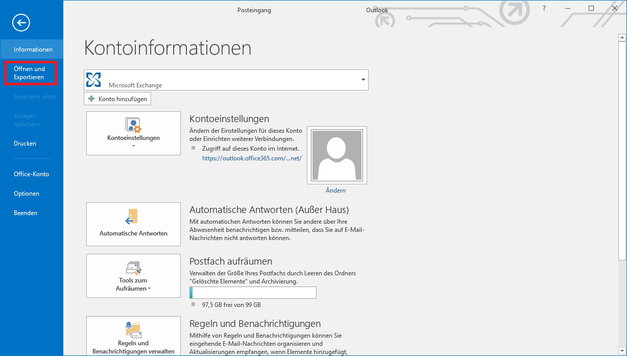 Im Outlook 2019 Hauptmenü „Öffnen und Exportieren“ wählen