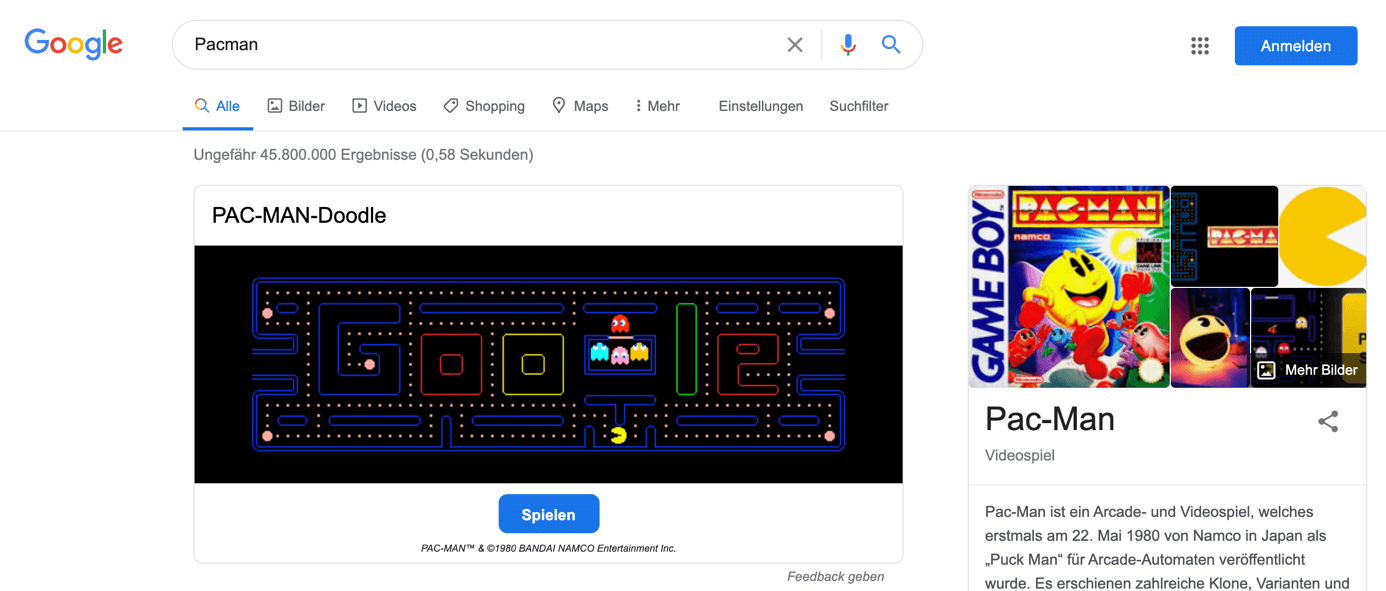 Pacman-Minispiel auf Google-Ergebnisseite