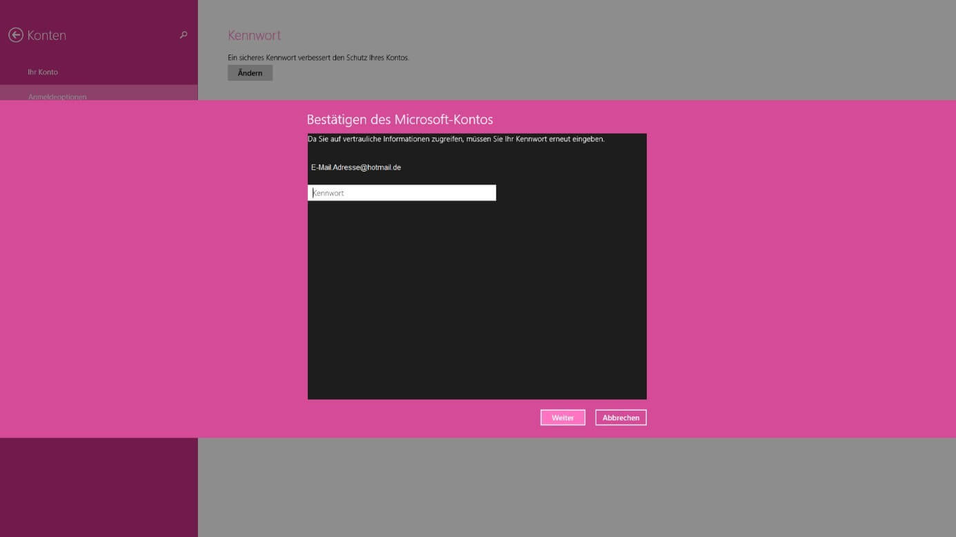 Passwort-Verifikation bei bereits vergebenem Passwort in Windows 8