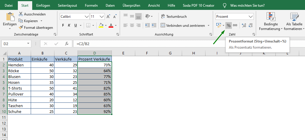 Prozent-Formatierung in Excel hinzufügen