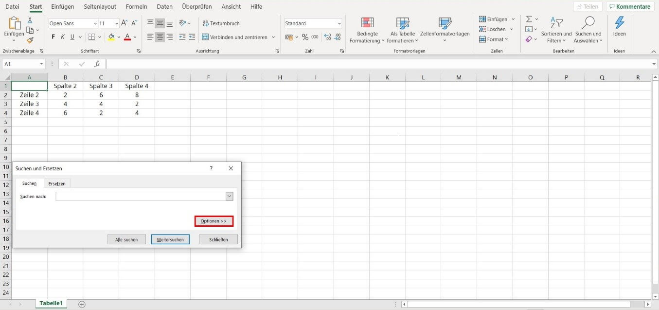 Rot markierter Button, über den sich erweiterte Optionen der Suchfunktion von Excel öffnen lassen