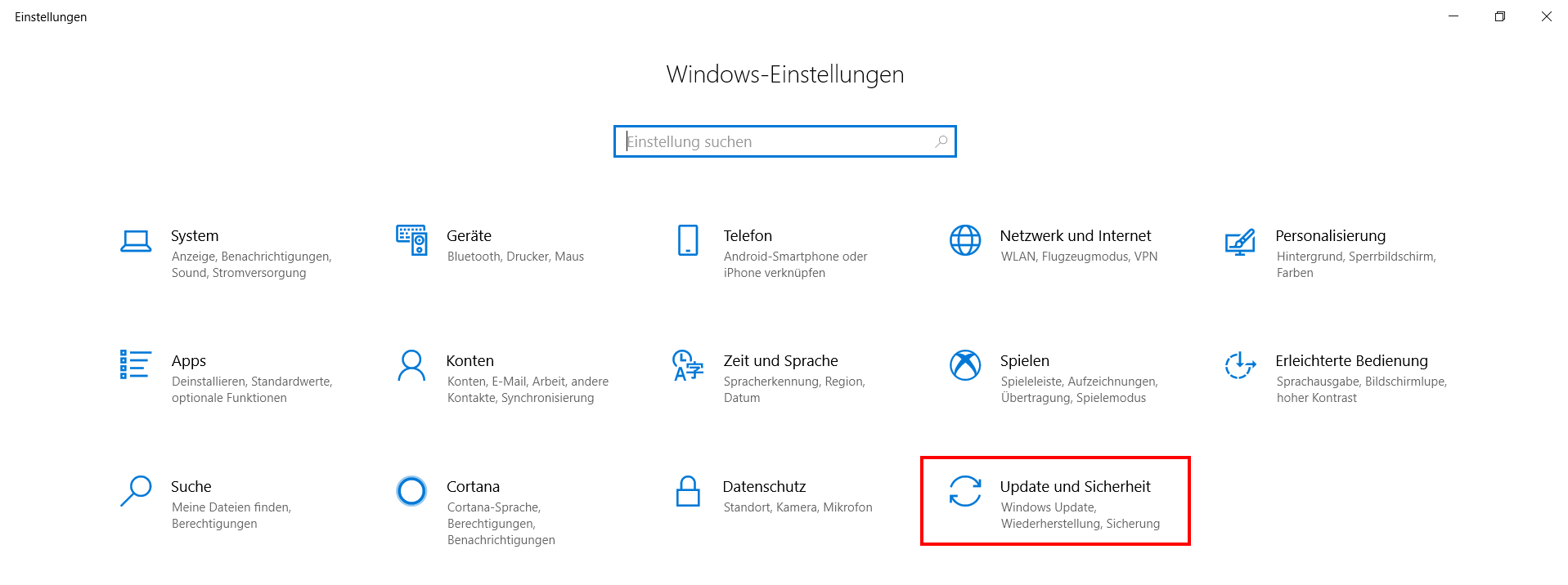 Rubrik „Update und Sicherheit“ in den Windows-Einstellungen