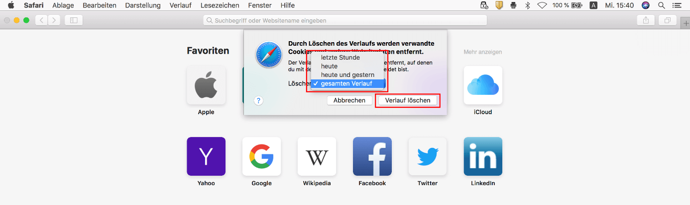Safari-Browser: „Verlauf löschen“-Dialog in macOS