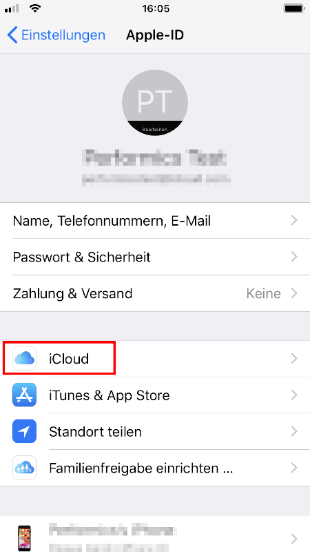 Apple-ID-Menü in iOS