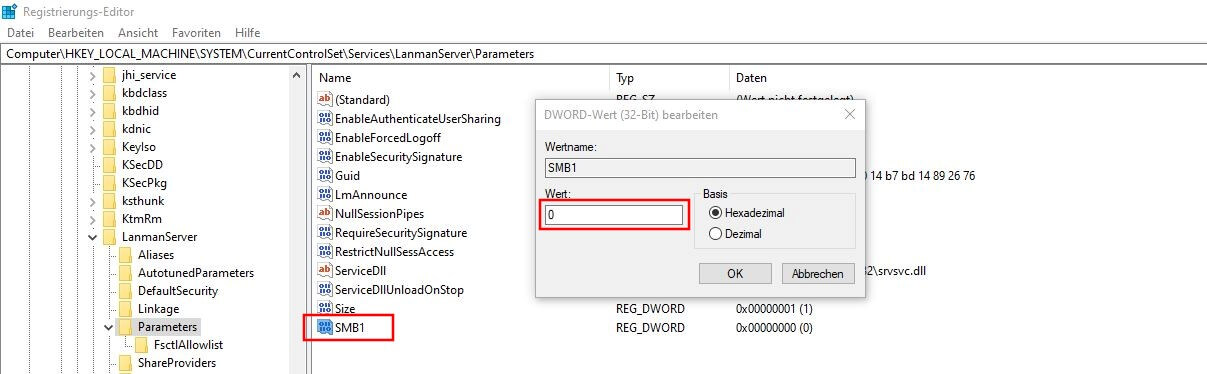 SMB1-Eintrag in der Windows-10-Registry