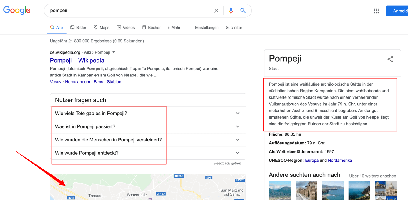 SERP für die Suchanfrage „pompeii“ auf google.de
