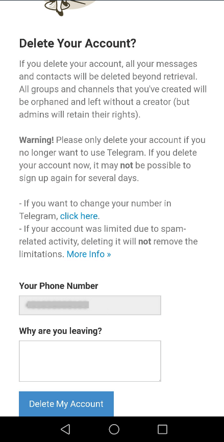 Telegram-Website: „Account Löschen“ bestätigen