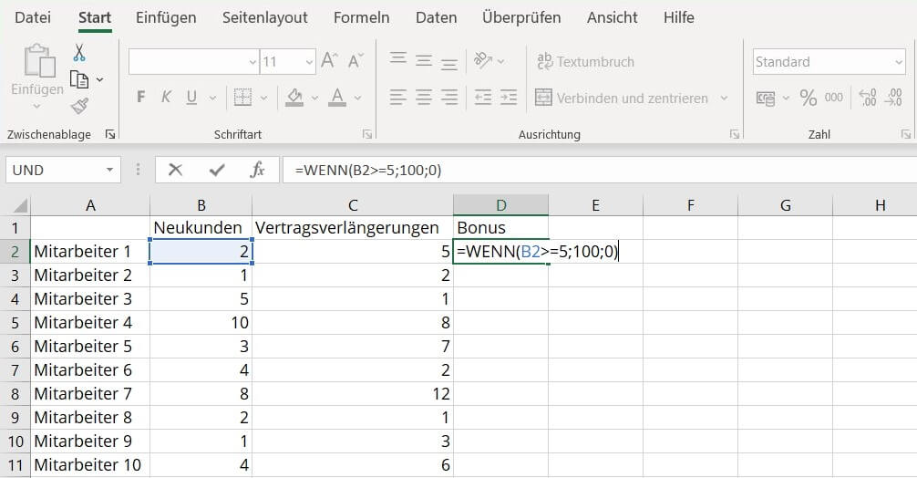 WENN-Funktion in Excel-Tabelle