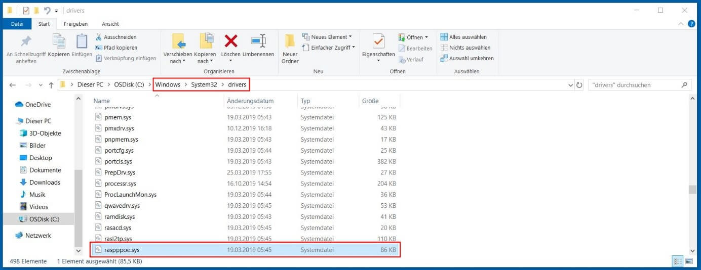 Windows-10-Explorer: Verzeichnis der Datei raspppoe.sys