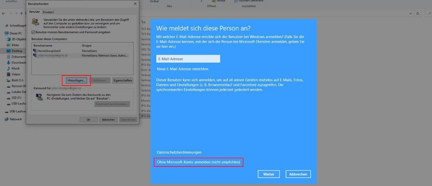 Windows 10: Passworteinstellungen und „Konto hinzufügen“-Dialog