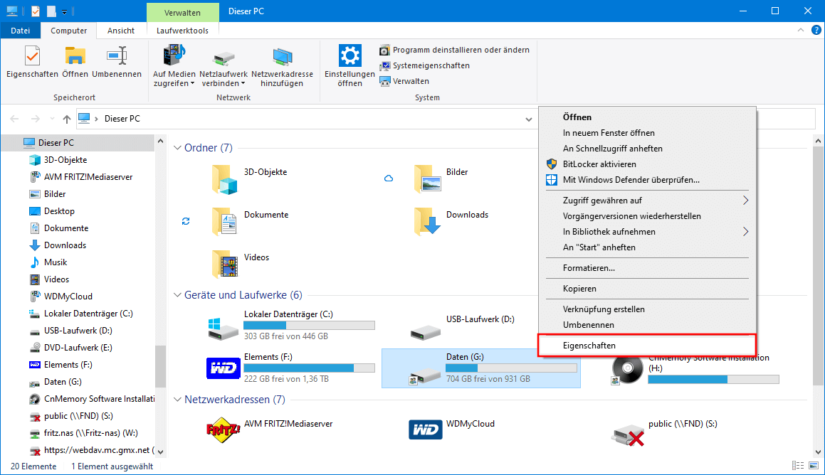 Windows 10: Kontextmenü im Explorer