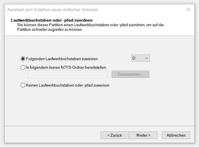 Windows 10: Fenster zur Vergabe eines Laufwerksbuchstabens
