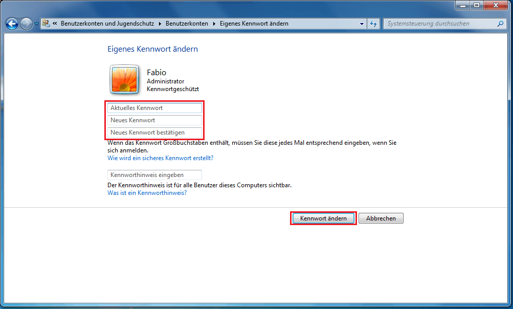 Windows-7-Benutzerkonten-Steuerung: Kennwort ändern