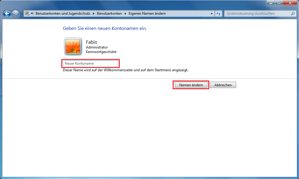 Windows-7-Benutzerkontenmenü: Benutzernamen ändern