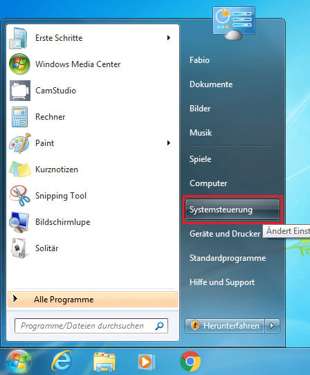 Windows-7-Startmenü mit Systemsteuerungs-Button